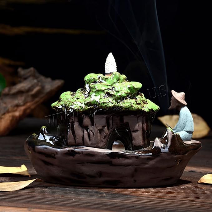 Guilin Landscape Backflow Incense Burner, Handmade Ceramic Waterfall Incense Stick Cone Holder with 20 PCS Incense Cones and 30 PCS Incense Sticks