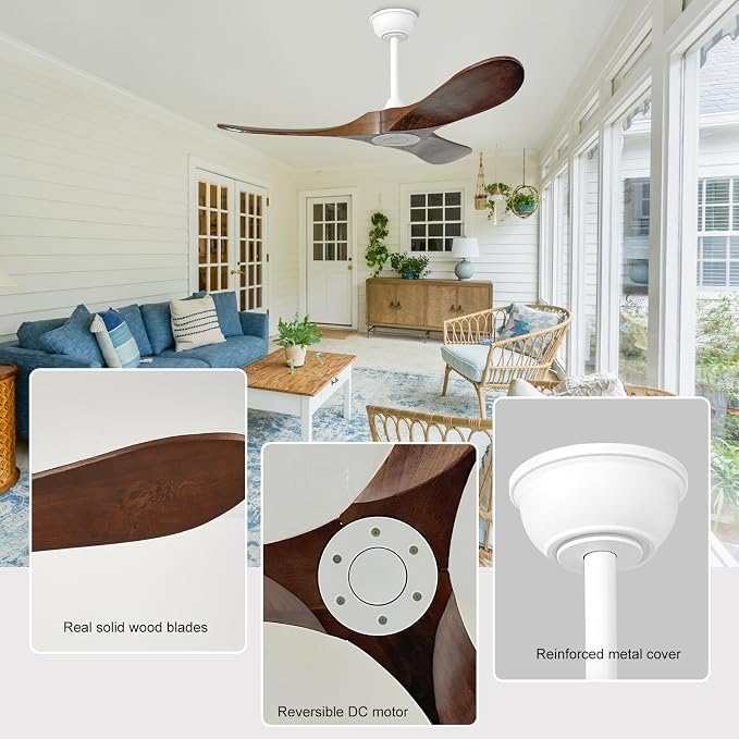 42'' Outdoor Ceiling Fan no Light,Solid Wood Ceiling Fan with Remote Control,Quiet and Reversible DC Motor with Large Airflow for Living Room,Patios,Gazebo (White+Dark Walnut)