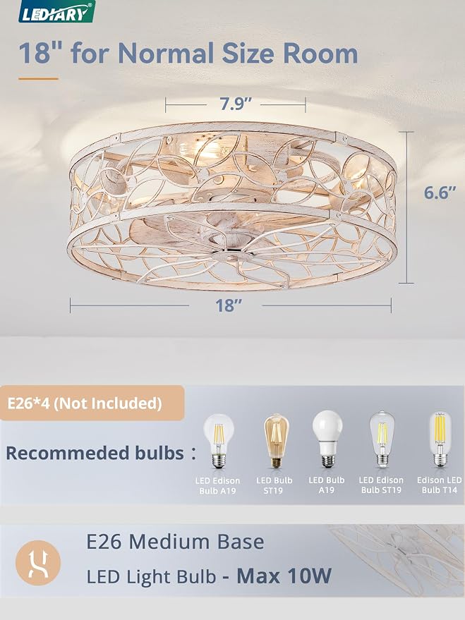 LEDIARY Caged Ceiling Fans with Lights, White Flush Mount Ceiling Fan with Remote&App, Small Low Profile Bladeless Ceiling Fan Light Fixture for Bedroom, Kitchen, Dining Room-White Gold Color