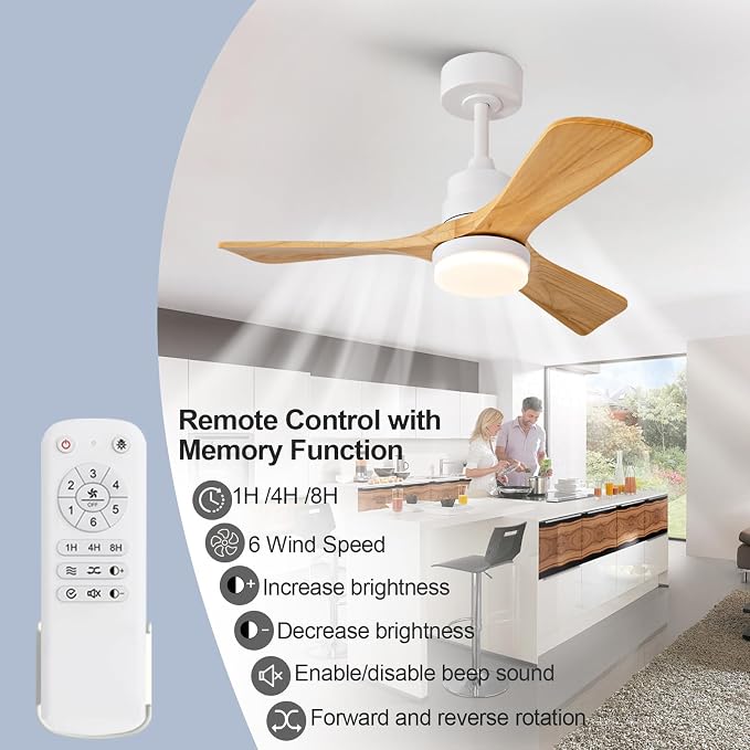 36 Inch Outdoor Ceiling Fans with Lights and Remote Control, Dimmable 3 Blades Wood Outdoor Ceiling Fans for Patios White Natural Wood Bedroom Ceiling Fan with Light, Wall Switch