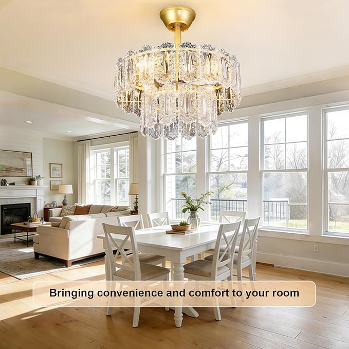 Depuley Bedroom Ceiling Fan with Lights: 20" Gold Chandelier Small Fan with Remote Control - Modern Crystal Fandelier for Girl's Bedroom Living Room Nursery (E26 Bulbs Not Included)