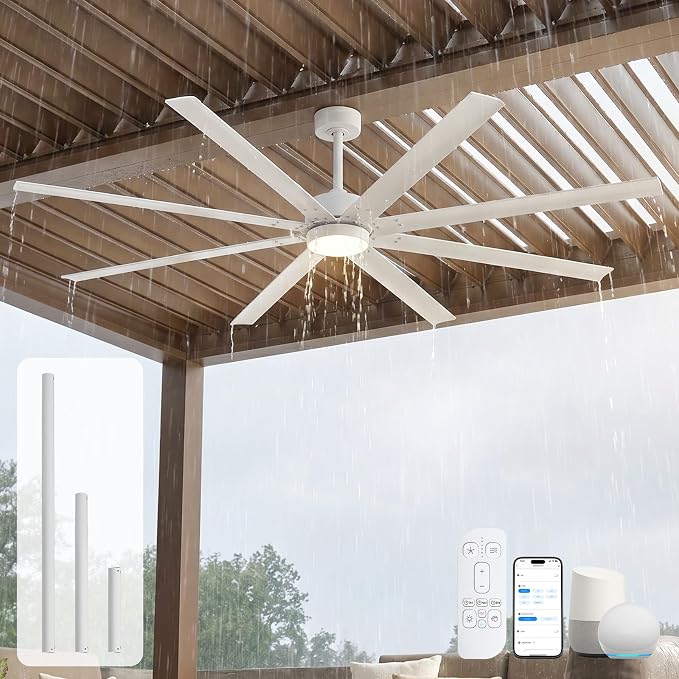 56 Inch White Outdoor Ceiling Fan with Light, All Weather Wet Rated, Smart Alexa/App/Remote Control, 8 Anti-rust Aluminum Blades, High Airflow 7446 CFM, Modern Farmhouse Fan for Patios Coastal Garage