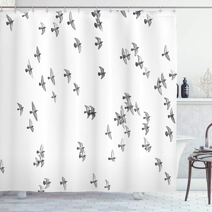 Ambesonne Lifestyle Shower Curtain, Group of Pigeon Gulls Birds Dove Flying on Sky Urban Scenic Move on Photo Print, Cloth Fabric Bathroom Decor Set with Hooks, 69" W x 75" L, Ivory Grey