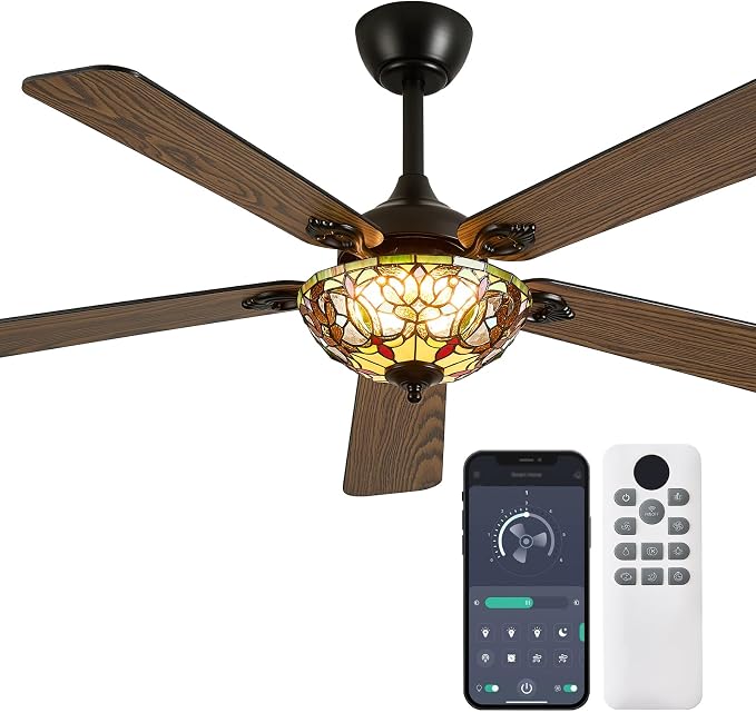 52" Tiffany Style Ceiling Fans with Lights, Vintage Chandelier Ceiling Fan with Stained Glass Shade, Dimmable LED, 6 Speeds Reversible for Bedroom (Art Nouveau)