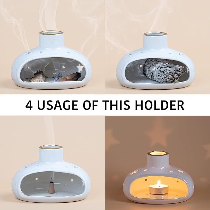 ZenBless 3 in 1 Incense Holder for Palo Santo Sticks Sage Incense, Handcrafted Ceramic Incense Burner Holder Ash Catcher with Chimney, Smudge Bowl for Yoga Meditation Room Home Decor