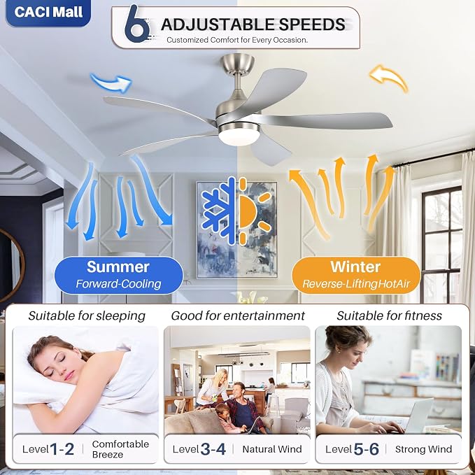 CACI Mall 52 Inch Ceiling Fans with Lights and Remote, modern, Outdoor ceiling fan with 6-Speed, 5 Blades, 2 Downrods, 3 CCT, Timer, Quiet Reversible DC Motor for Living Room, Bedroom, Patios