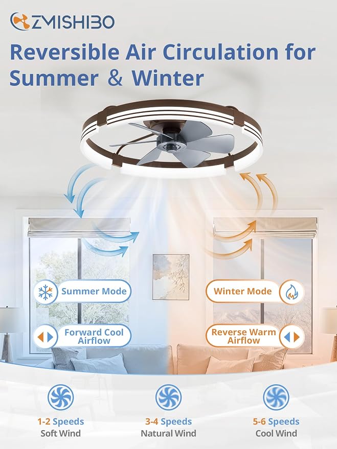ZMISHIBO 24 Inch Low Profile Ceiling Fans with Lights and Remote, 3000K-6000K Dimmable Fandelier LED Fan Light, Flush Mount Ceiling Fan with Light, 6 Wind Speeds Ceiling Fans for Bedroom- Brown