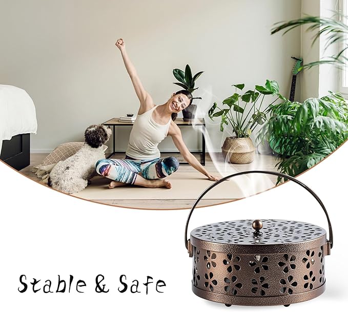 （2Pack,Bronze） Retro Portable Iron Mosquito Coil Holder with Handle Round Fireproof Incense Holder for Home Office.