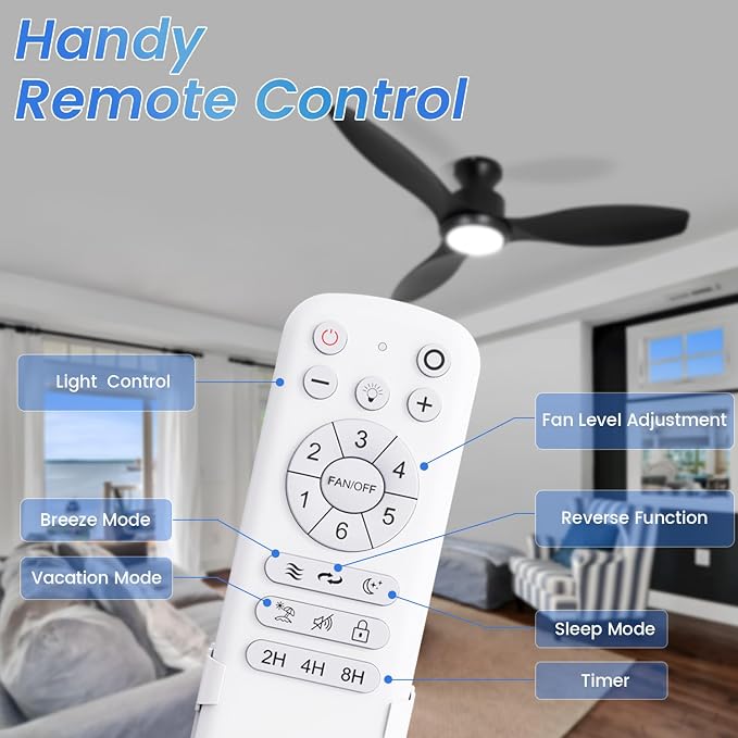 48" Ceiling Fan with Light and Remote, Black Flush Mount Ceiling Fan with 3 Blades,3 Color Dimmable Lights, 6 Speeds, Queit DC Motor, Memory Function, Indoor/Outdoor/Bedroom/Living Room/Patios, Black