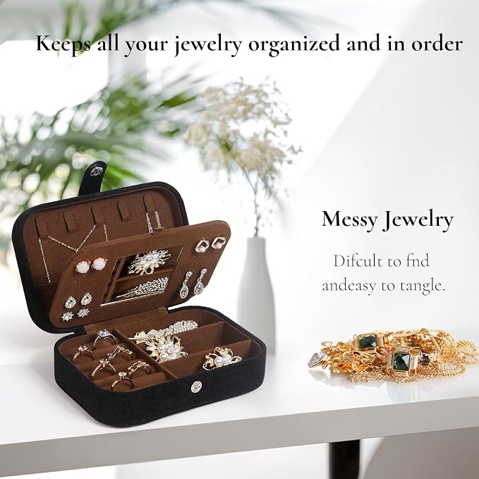 Hatori Travel Jewelry Box, PU Leather Small Jewelry Organizer for Women Girls, Double Layer Portable Mini Travel Case Display Storage Holder Boxes for Stud Earrings, Rings (Black Mirror)