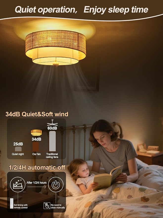 Flush Mount Ceiling Fan with Lights, 20" Caged Boho Ceiling Fan with Light Remote Control, Low Profile Bladeless with 6 Speeds, Drum Rattan Fabric for Bedroom, Nursery, Dining Room, Living Room