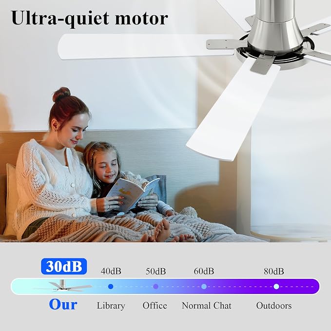 SNJ 60 Inch Brushed Nickel Ceiling Fans with Lights and Remote,Flush Mount Low Profile 5 Blades Ceiling Fan,Dimmable Quiet Reversible DC Motor for,Living Room,Bedroom and Patio