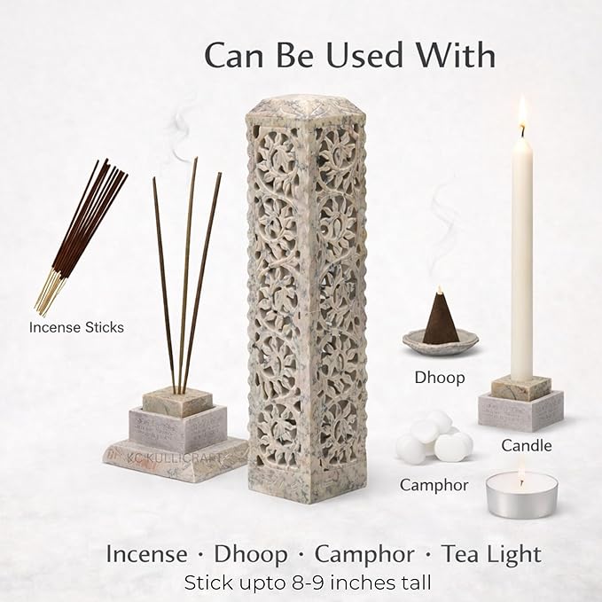 Carry Me Handmade Marble Soapstone Incense Stick Burner | Candle Stick Holder | Tea Light Stand - Perfect Incense Tower for Gifting. Decorative Home and Kitchen Decor (3 x 3 x 11 Inches)