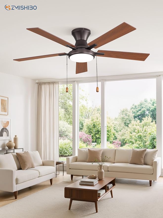 ZMISHIBO Ceiling Fans with Lights, Low Profile Ceiling Fan with Pull Chain and Remote Control, Flush Mount, Reversible, Dimmable, Noiseless, Black Pull Cord Ceiling Fan for Bedroom(52inch Brown)