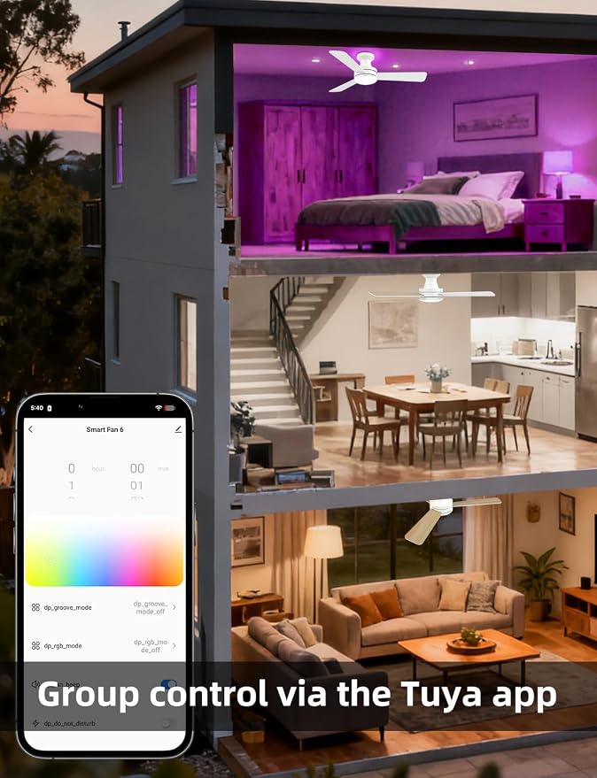 42" RGB Ceiling Fan with Light, Music Sync Smart Fan Works with Alexa/Google Assistant/App Control, Low Profile Flush Mount, 6-Speed Quiet DC Motor, 4 CCT Dimmable Lighting for Bedroom Living Room