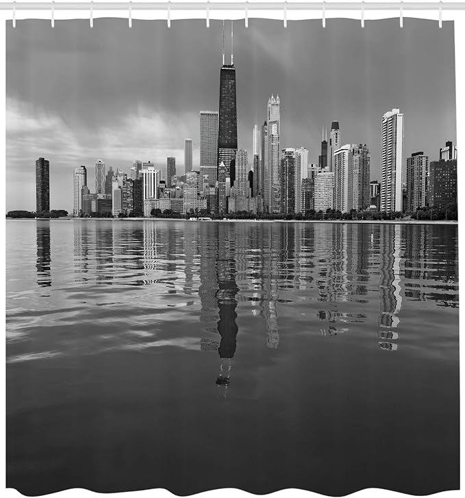 Ambesonne Chicago Skyline Shower Curtain, Nostalgic Weathered Lake Michigan Harbor Coastal Town Urban Vintage, Cloth Fabric Bathroom Decor Set with Hooks, 69" W x 70" L, Black and White