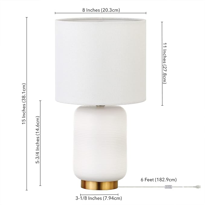 Henn&Hart 15" Modern 1-Light Table Lamp with Chiffon White Fabric Drum Shade for Living Room, Bedroom, or Office, Flat White/Gold