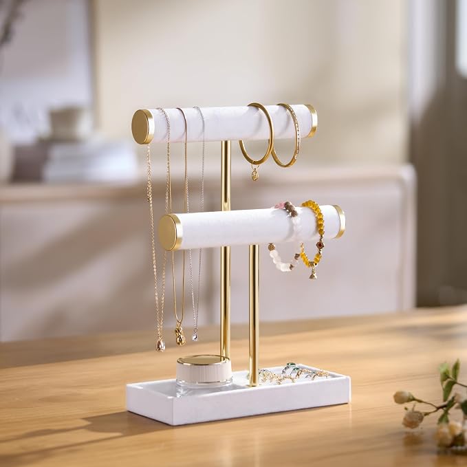 bussdis 2 Tier Bracelet Holder Display, Necklace Holder Organizer, White | Velvet Necklace Holder | Jewelry Tree | Jewelry Towers | Jewelry Stand Organizer for Necklaces, Bracelets, Earrings, Rings