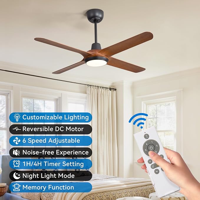 50 Inch Ceiling Fans with Lights,Ceiling Fan with Light and Remote Control Smart Ceiling Fan,Noiseless Reversible DC Motor,4 Blade Ceiling Fans 6-Speed 3 CCT,Ceiling Fan for Indoor/Outdoor