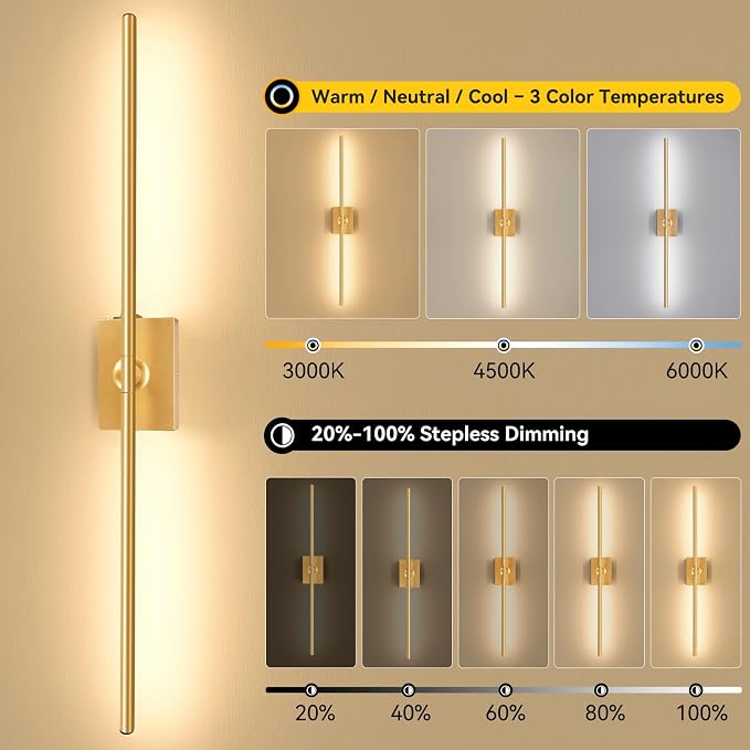 Ouyulong Battery Operated Wall Sconces Set of 2, 10000mAh Wireless Rechargeable 3000-6000K Dimmable 350° Rotate Wall Light with Remote for Living Room, Bedroom 31.6in Gold