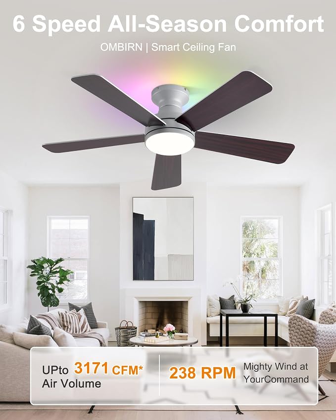 42 Inch Ceiling Fans with Lights, Smart Ceiling Fan with Alexa, Silver Ceiling Fan with RGB Lights Remote, 6 Speeds Reversible DC Motor, Modern Flush Mount for Bedroom Living Room