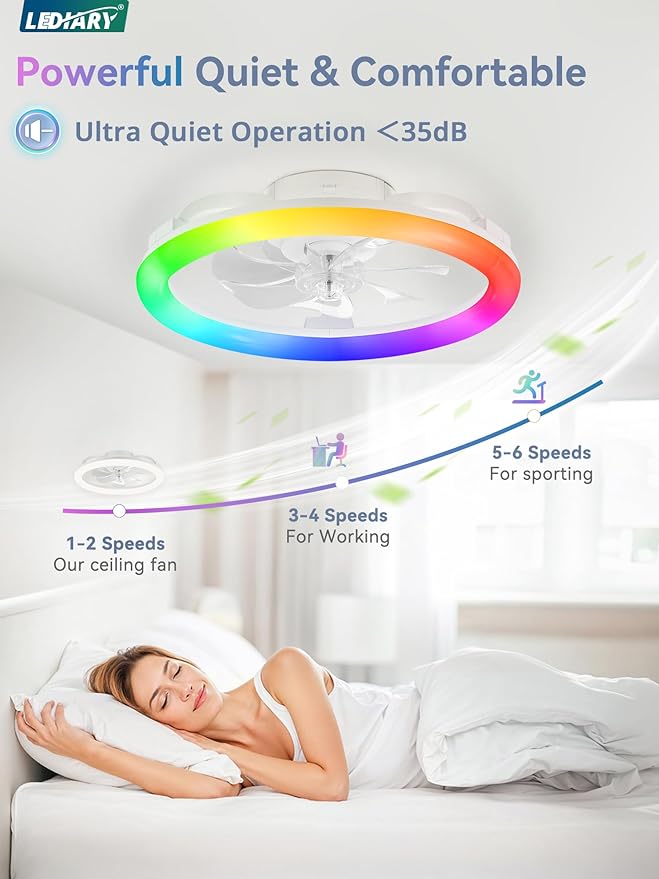 LEDIARY RGB Low Profile Ceiling Fans with Lights and Remote, 20 Inch Dimmable Modern Ceiling Fan(3000K-6000K), 6 Speed, Reversible, APP & Remote Control, Flush Mount Fan Light, White RGB Ceiling Fans