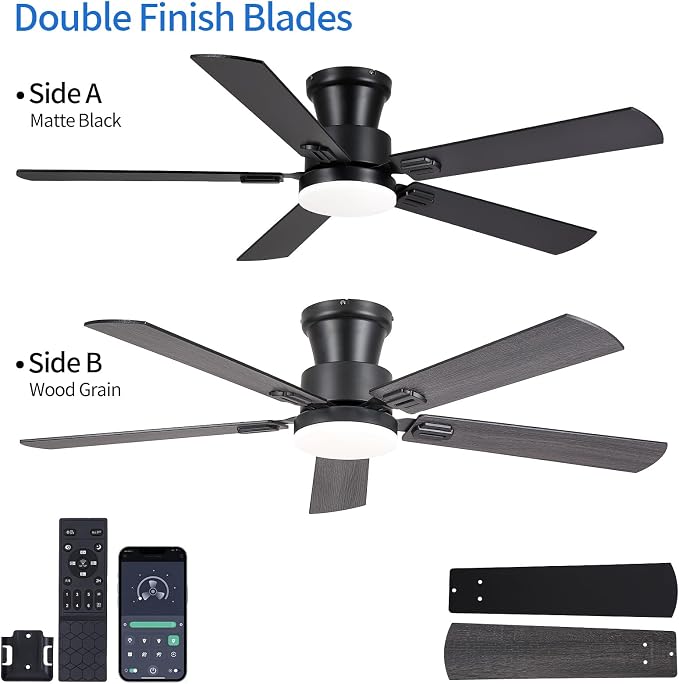 NKPU 52" Ceiling Fans with Lights, Low Profile Ceiling Fan with Light and Remote/APP Control, 6 Speed, Dimmable, Safe Quiet DC Motor, Black Flush Mount Ceiling Fan for Bedroom Indoor/Outdoor Use