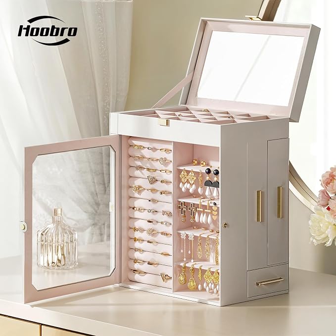 HOOBRO Jewelry Box with Mirror, Travel Jewelry Organizer with Glass Window, Jewelry Storage Case, Vertical Storage, Gift for Loved Ones, for Earrings, Rings, Necklaces, Bracelets, White WT03JB04G2