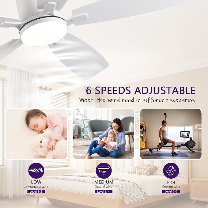 FUMLTP 52inch Flush Mount Ceiling Fans with Lights and Remote/APP Control, Dimmable LED, Reversible DC Motor, Noiseless, Low Profile White Ceiling Fan for Livingroom, Indoor/Outdoor Use