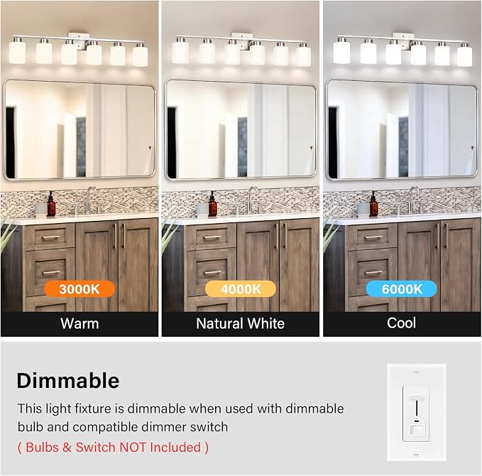 FonmYim Brushed Nickel Bathroom Light Fixtures, 6-Light Modern Vanity Light Over Mirror, Wall Sconces with Milky White Frosted Glass Shades, E26 Socket (Bulbs Not Included)