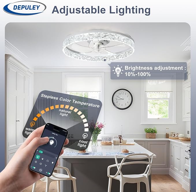Depuley Ceiling Fans with Lights and Remote: Full Package 20" Modern Low Profile Flush Mount LED Ceiling Fan for Bedroom App Control - White Crystal Bladeless Fandelier for Laundry Room Kitchen