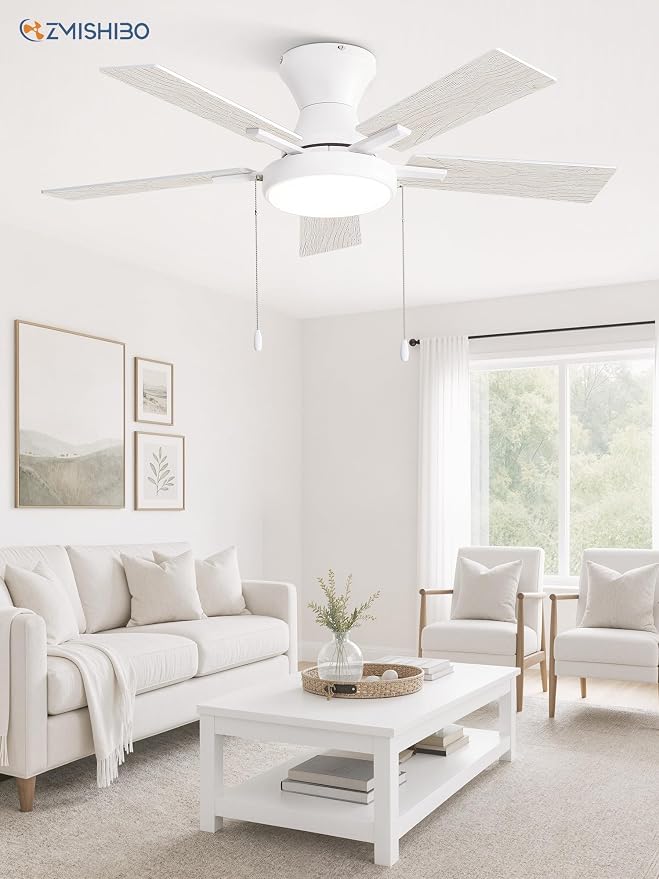 ZMISHIBO Ceiling Fans with Lights, Low Profile Ceiling Fan with Pull Chain and Remote Control, Flush Mount, Reversible, Dimmable, Noiseless, White Pull Cord Ceiling Fan for Bedroom(42inch White)