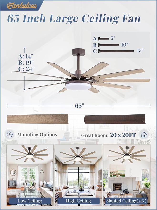 65 inch Large Oil Rubbed Bronze Ceiling Fans with Lights and Remote, Indoor/Outdoor Farmhouse Ceiling Fan with 10 Blades, 32W LED light 3 CCT, 6 Speed Reversible Quiet DC Motor, Dual Finish Blades