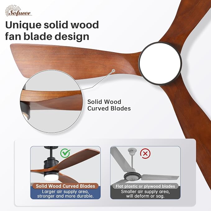 Sofucor Ceiling Fans With Lights, 60 Inch Solid Wood Ceiling Fan With Light Remote Control, Indoor/Outdoor Ceiling Fan with Reversible DC Motor, 6 Speed, 3 Blade Modern Ceiling Fans for Bedroom Patio
