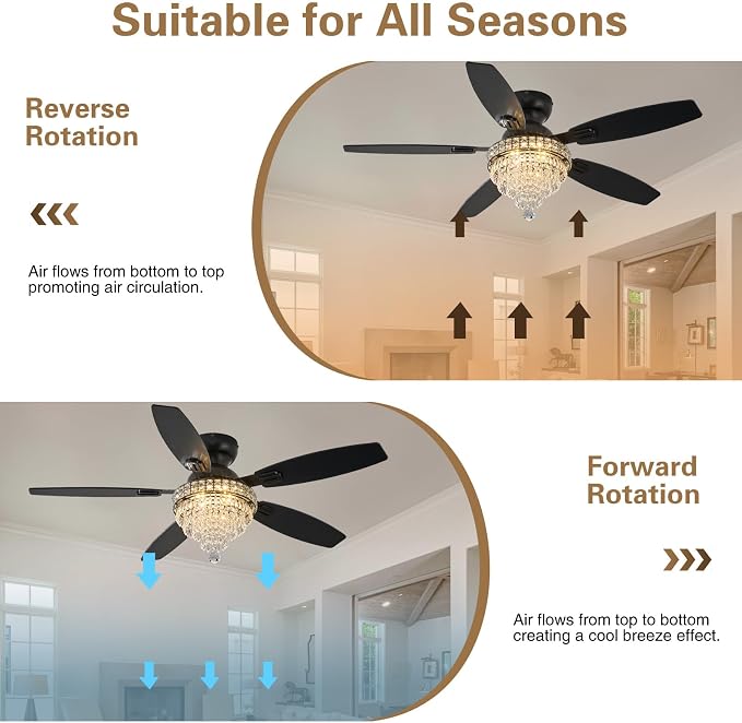 Crystal Ceiling Fan Fandelier with Lights-Ceiling Fans,50" Low Profile and Remote Control, Flush Mount, Reversible, Dimmable, Noiseless, Black Ceiling Fan for Bedroom