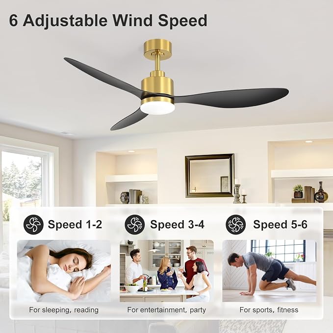 52" Ceiling Fans with Lights and Remote, Quiet DC Motor, 3 Reversible Blades, Modern Gold and Black Ceiling Fan with 3-Color LED Light Fandelier for Bedroom Living Room