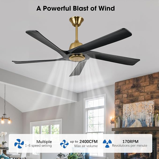 60" Black and Gold Ceiling Fan No Lights, Remote and APP Control, 6-speed Reversible, Quiet DC Motor, Wood Ceiling Fans for Bedroom, Living Room, Office, Outdoor Patio