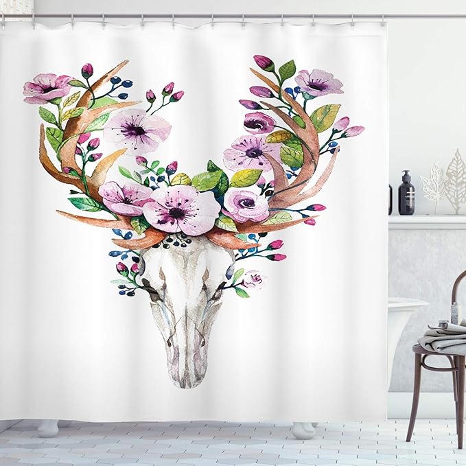 Ambesonne Skull Shower Curtain, Deer Animal Skull with Floral Horns Nature Inspired Dead and Living Art Print, Cloth Fabric Bathroom Decor Set with Hooks, 69" W x 70" L, Brown Purple