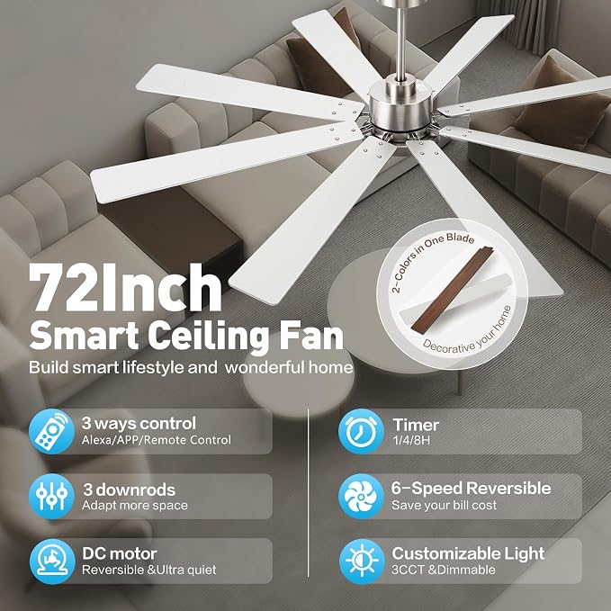 72 Inch Large Smart Ceiling Fan with Light and Alexa/APP(via WiFi),Brushed Nickel Indoor Outdoor Ceiling with Remote for Bedroom Patio,6 Speed,Quiet DC Motor,3CCT,8 Wooden Blades