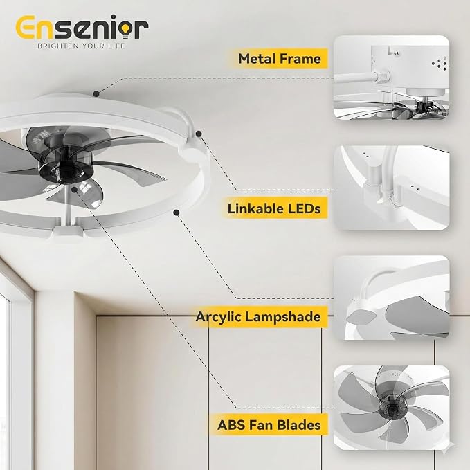 Ensenior Ceiling Fans with Lights and Remote, 20" Low Profile Ceiling Fan Flush Mount, APP Control, 6 Speed, 3CCT, Quiet Reversible DC Motor, Dimmable Modern Ceiling Fan with Light for Bedroom, White