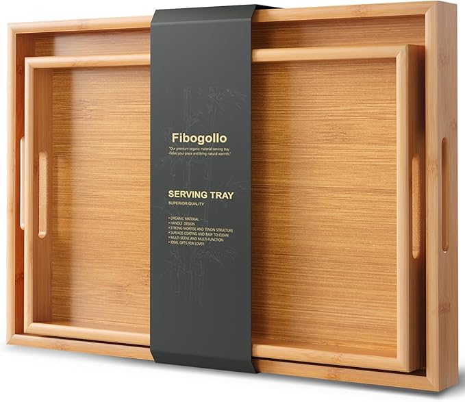 Fibogollo Bamboo Set of 2 Serving Tray with Handles,Decorative Trays Platter,Breakfast Tray in Bed,Food Drinks Tray for Eating,Working,Storing(Natural)