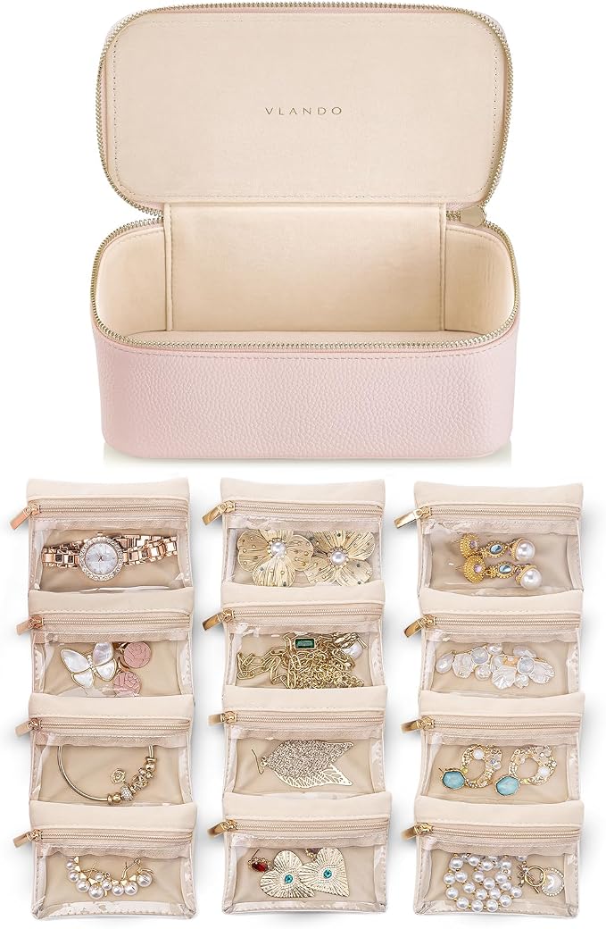 VLANDO Jewelry Box Organzier for Travel,Graduation Gifts for Daughter,Jewelry Case with 12 Pcs Velvet Jewelry Bags for Earrings Necklace Rings,Valentine's Day,Birthday, Wedding Gift for Wome-Pink