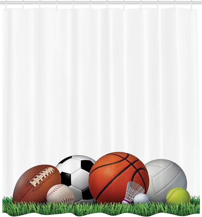 Ambesonne Sports Shower Curtain, Sports Equipment on The Grass Summertime Outdoor Activities Fitness Exercise Theme, Cloth Fabric Bathroom Decor Set with Hooks, 69" W x 70" L, Burnt Sienna
