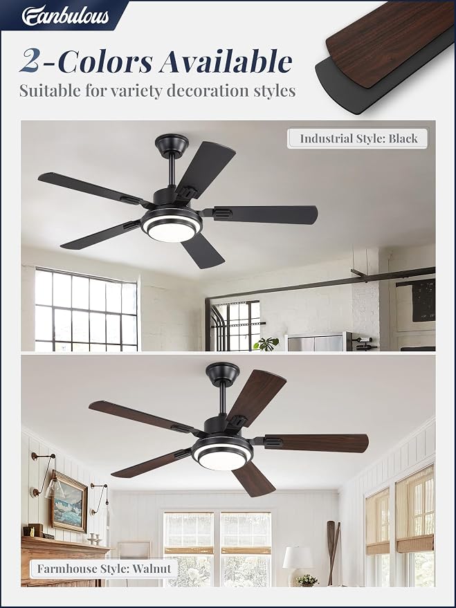 Fanbulous 48 Inch Ceiling Fans with Lights and Remote, Black Ceiling Fan with 8 Dual-Color Blades, Indoor/Outdoor Large Ceiling Fans, Reversible DC Motor, 6-Speed, 3CCT for Living Room Kitchen Patio