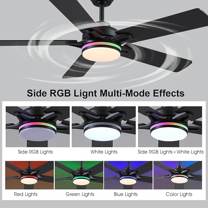 Kviflon 52 Inch Ceiling Fans with Lights, Modern RGB Ceiling Fans, Black Ceiling Fan with Light for Bedroom Living Room, Remote/APP Control, Reversible Quiet DC Motor, Dimmable LED, Wooden Blades