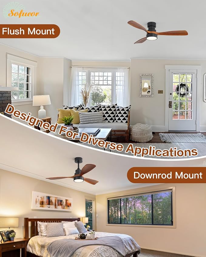 Sofucor 48 Inch Ceiling Fans with Lights and Remote Control-Modern Flush Mount & Downrod Mount Ceiling Fan for Bedroom Living Room Indoor Outdoor Farmhouse Patio, Timer Quiet DC Motor, Black&Walnut