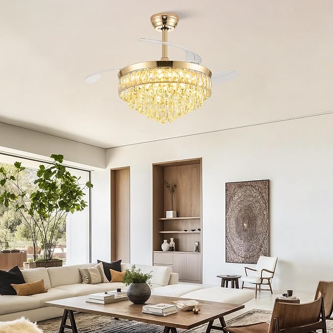 42'' Chandelier Ceiling Fan with Lights, Retractable Fan with Remote and APP, Crystal Fandelier Ceiling Fan, Dimmable LED, Reversible Motor, Quiet for Bedroom Living Room-Gold
