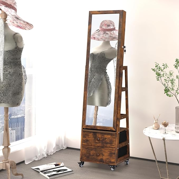 Rotating Jewelry Cabinet with Vanity Mirror,Full Length Mirror with Storage Jewelry Armoire Lockable Jewelry Organizer Standing Mirror with Drawers Wheels Christmas Gift for Girl Rustic Brown