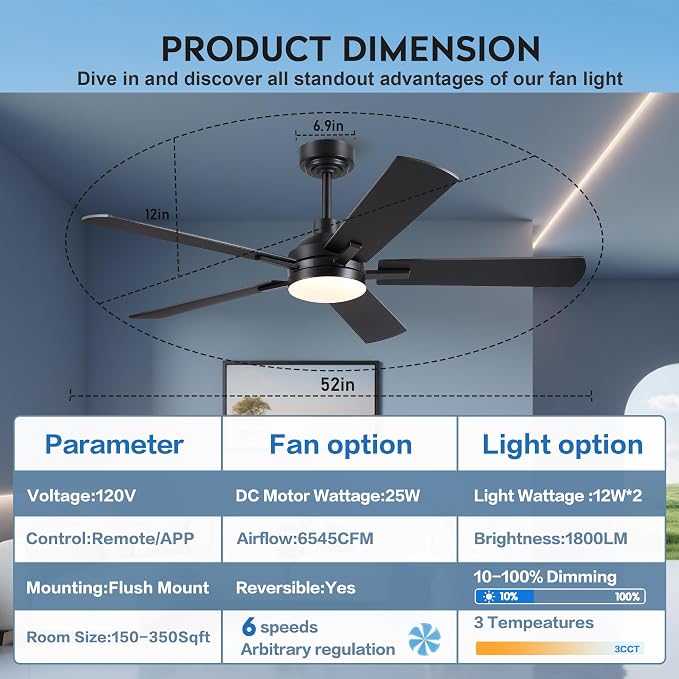 JSAITEE Ceiling Fans with Lights - 52Inch Low Profile Flush Mount Ceiling Fan with Light and Remote Control, DC Reversible Motor, Dimmable, 6 Speeds Ceiling Fan for Bedroom, Kitchen, Black
