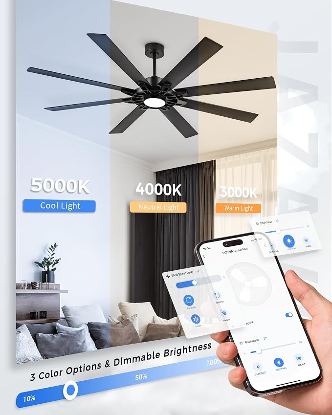 72 Inch Ceiling Fan with Light,Smart Ceiling Fan with Alexa Control,Large Black Indoor Outdoor Ceiling Fan,Modern Quiet Fan with Dual Finish 8 Blades for Living Room,Patio, ZCCF05BK-72